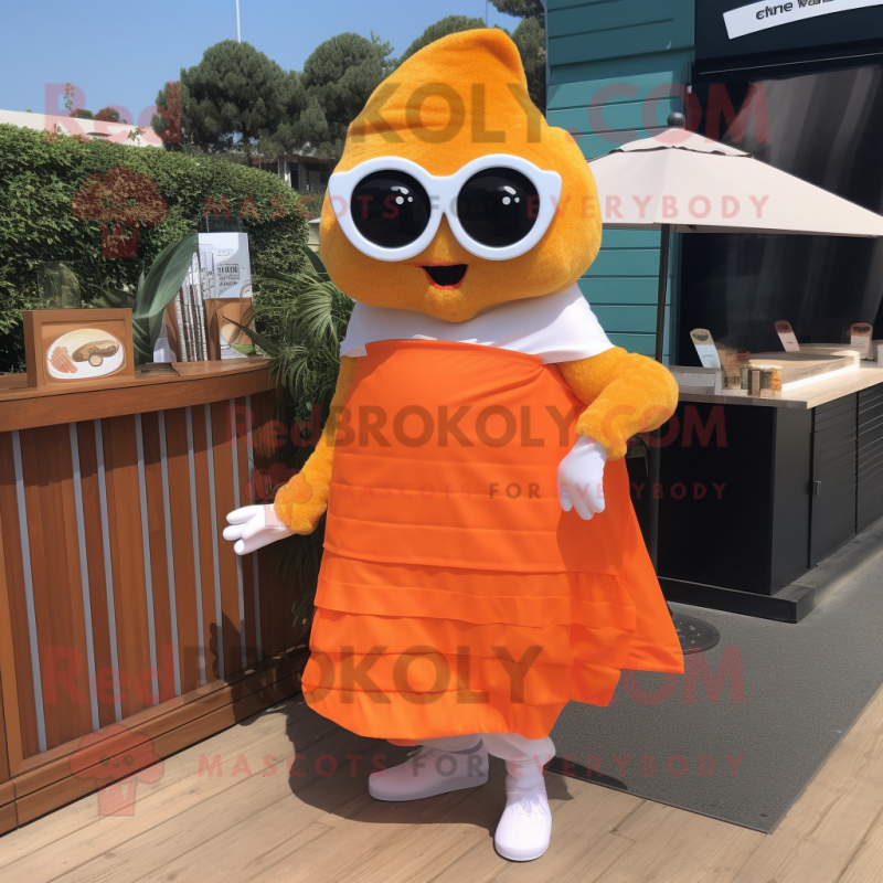 Orange Fish And Chips mascot costume character dressed with a Maxi Skirt and Sunglasses