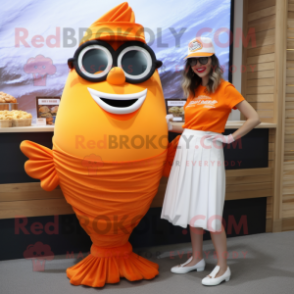 Orange Fish And Chips mascot costume character dressed with a Maxi Skirt and Sunglasses