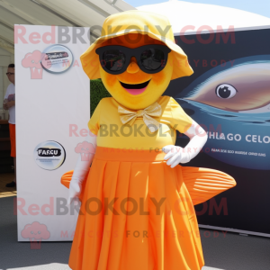 Orange Fish And Chips mascot costume character dressed with a Maxi Skirt and Sunglasses