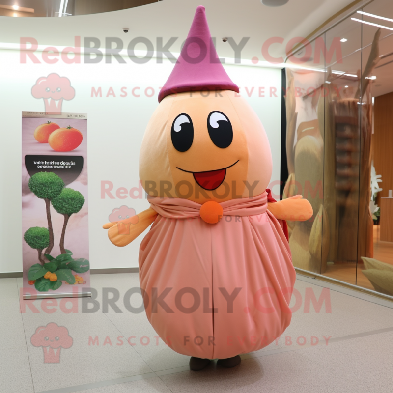 Peach Beet mascot costume character dressed with a Dress and Shawls Peach Beet mascot costume character dressed with a Dress and Shawls