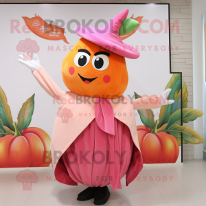 Peach Beet mascot costume character dressed with a Dress and Shawls