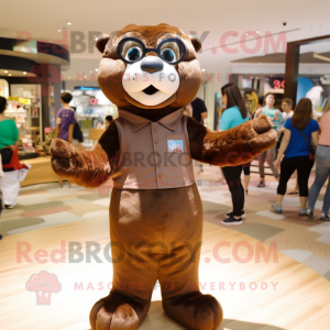 Brown Otter mascot costume character dressed with a Bodysuit and Eyeglasses