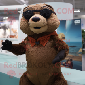 Brown Otter mascot costume character dressed with a Bodysuit and Eyeglasses