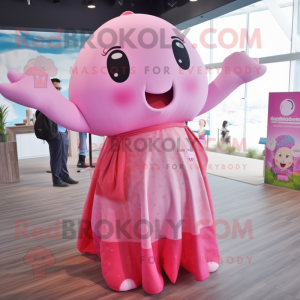Pink Whale mascot costume character dressed with a Maxi Dress and Hair clips