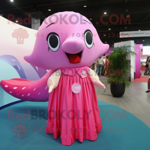 Pink Whale mascot costume character dressed with a Maxi Dress and Hair clips