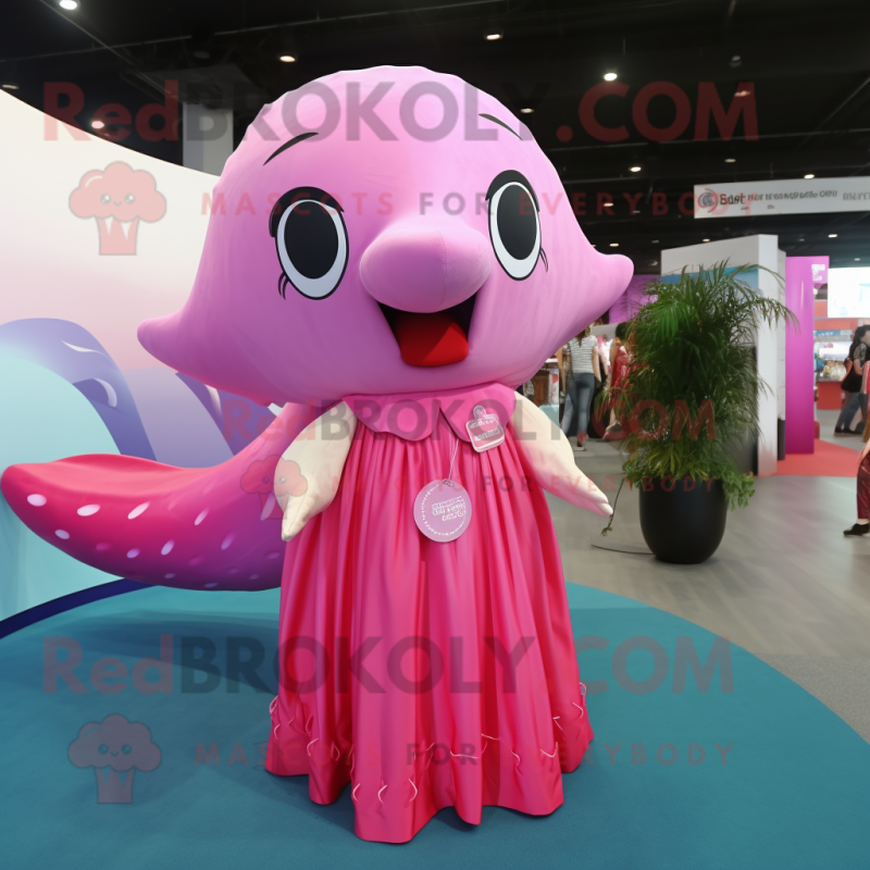 Pink Whale mascot costume character dressed with a Maxi Dress and Hair clips Pink Whale mascot costume character dressed with a Maxi Dress and Hair clips