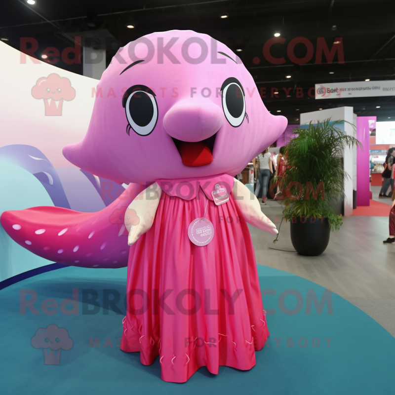 Pink Whale mascot costume character dressed with a Maxi Dress and Hair clips