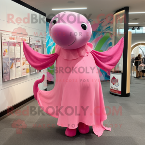 Pink Whale mascot costume character dressed with a Maxi Dress and Hair clips