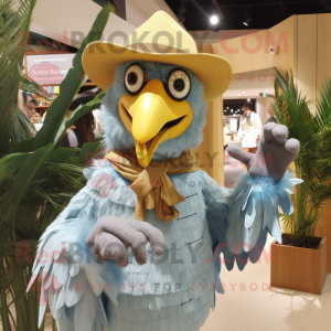 Yellow Harpy mascot costume character dressed with a Chambray Shirt and Hats