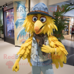 Yellow Harpy mascot costume character dressed with a Chambray Shirt and Hats