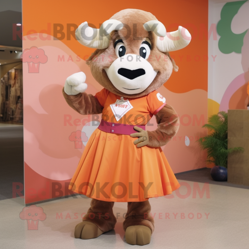 Peach Bison mascot costume character dressed with a Sheath Dress and Headbands Peach Bison mascot costume character dressed with a Sheath Dress and Headbands
