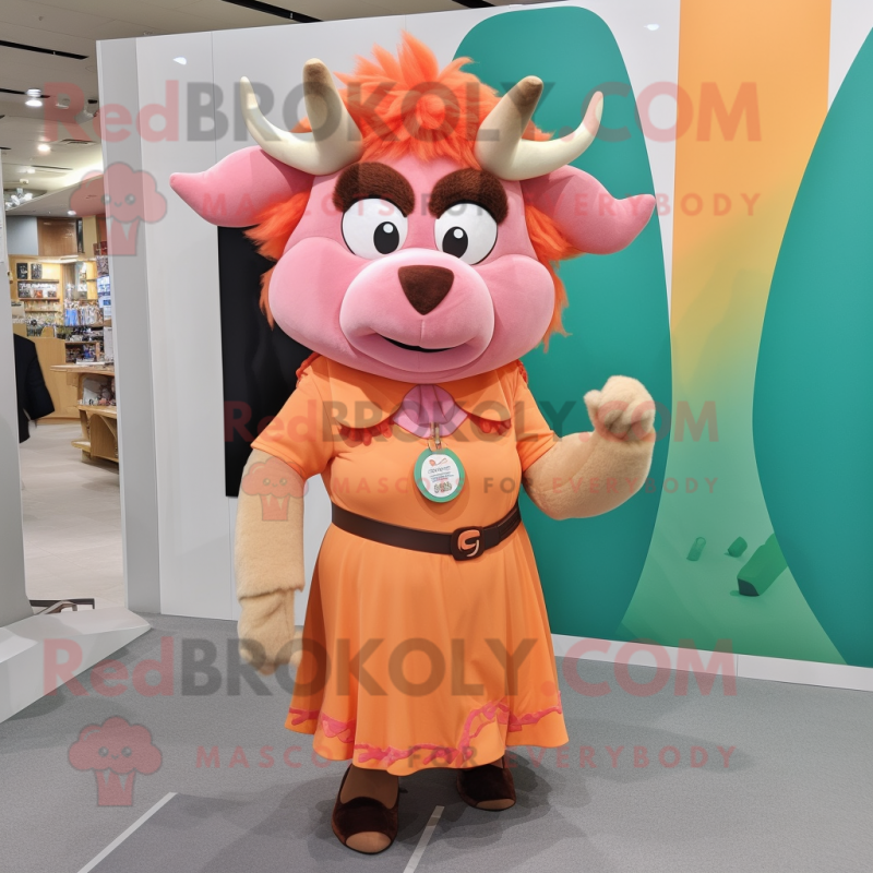 Peach Bison mascot costume character dressed with a Sheath Dress and Headbands Peach Bison mascot costume character dressed with a Sheath Dress and Headbands