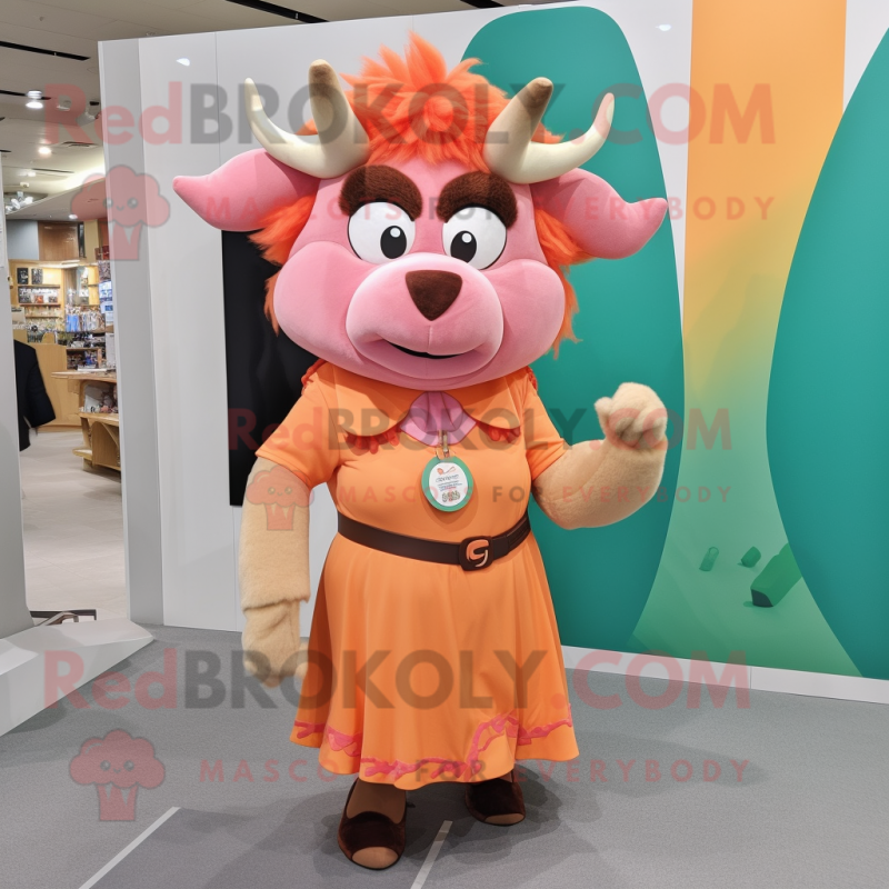 Peach Bison mascot costume character dressed with a Sheath Dress and Headbands