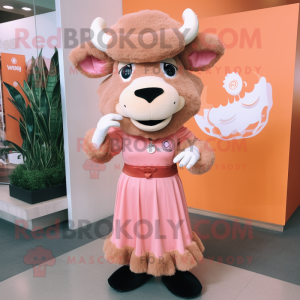 Peach Bison mascot costume character dressed with a Sheath Dress and Headbands
