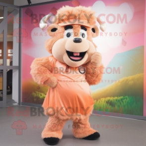 Peach Bison mascot costume character dressed with a Sheath Dress and Headbands