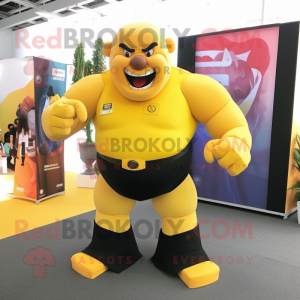 Yellow Strongman mascot costume character dressed with a Suit and Anklets