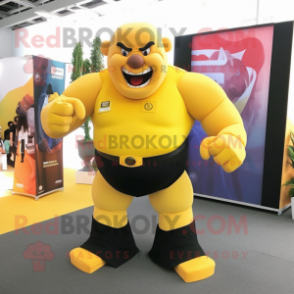 Yellow Strongman mascot costume character dressed with a Suit and Anklets