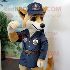 Navy Dingo mascot costume character dressed with a Cover-up and Brooches
