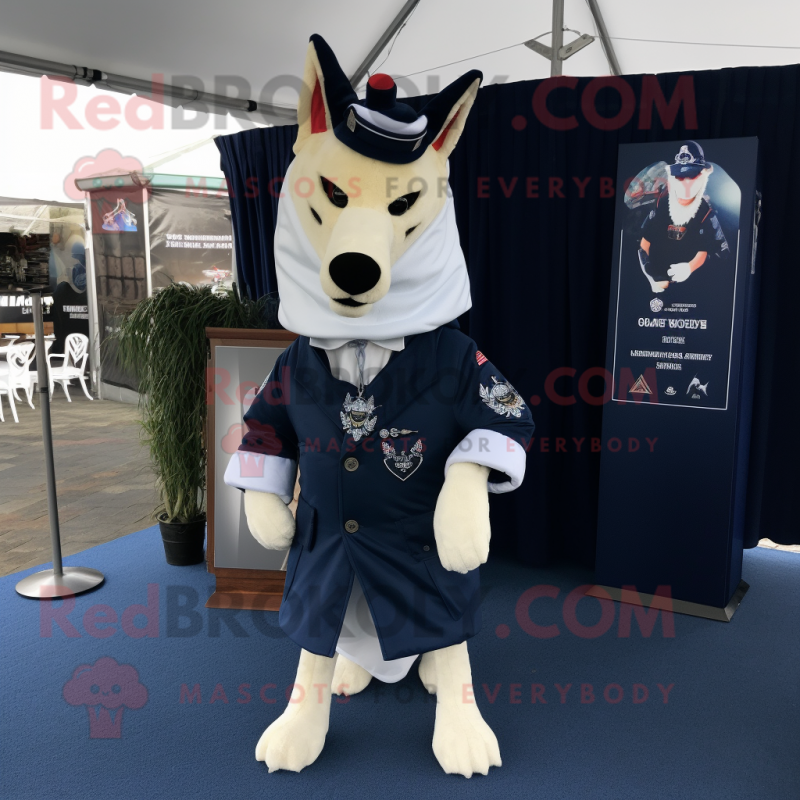 Navy Dingo mascot costume character dressed with a Cover-up and Brooches