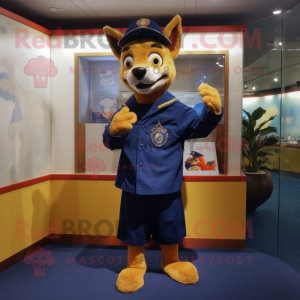 Navy Dingo mascot costume character dressed with a Cover-up and Brooches