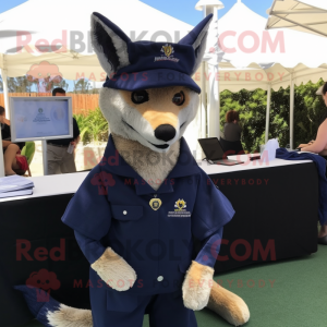 Navy Dingo mascot costume character dressed with a Cover-up and Brooches