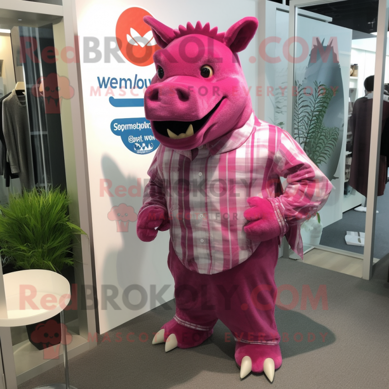 Magenta Rhinoceros mascot costume character dressed with a Flannel Shirt and Cufflinks