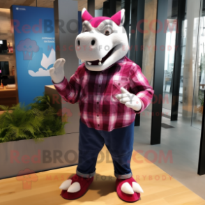 Magenta Rhinoceros mascot costume character dressed with a Flannel Shirt and Cufflinks