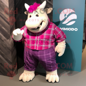 Magenta Rhinoceros mascot costume character dressed with a Flannel Shirt and Cufflinks