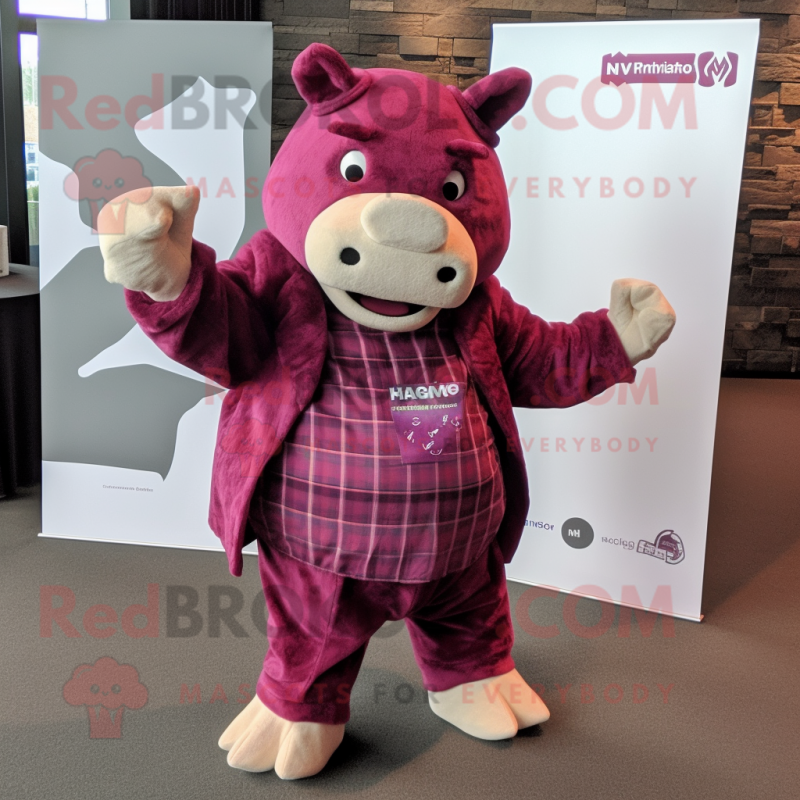 Magenta Rhinoceros mascot costume character dressed with a Flannel Shirt and Cufflinks