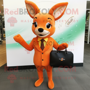 Orange Roe Deer mascot costume character dressed with a Suit and Clutch bags