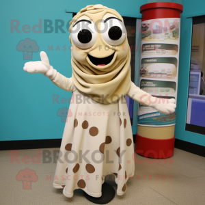 Beige Cod mascot costume character dressed with a Wrap Dress and Scarf clips