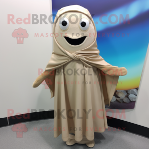 Beige Cod mascot costume character dressed with a Wrap Dress and Scarf clips
