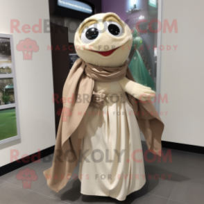 Beige Cod mascot costume character dressed with a Wrap Dress and Scarf clips