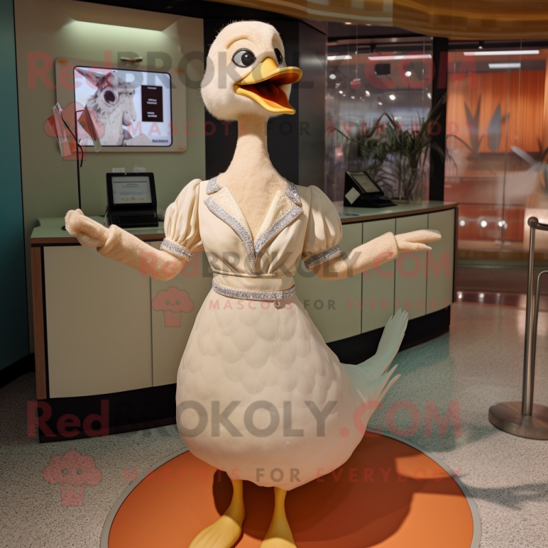Beige Swan mascot costume character dressed with a Shift Dress and Tie pins