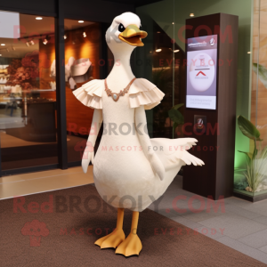 Beige Swan mascot costume character dressed with a Shift Dress and Tie pins