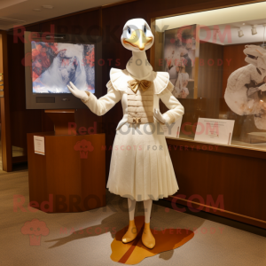 Beige Swan mascot costume character dressed with a Shift Dress and Tie pins