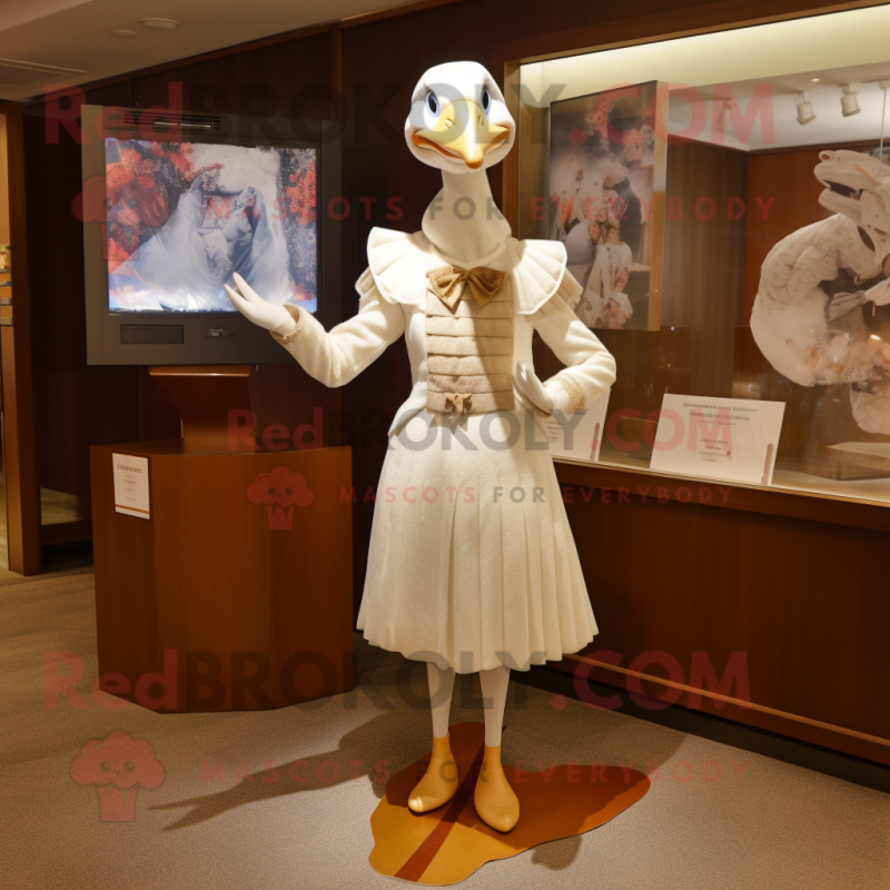 Beige Swan mascot costume character dressed with a Shift Dress and Tie pins Beige Swan mascot costume character dressed with a Shift Dress and Tie pins