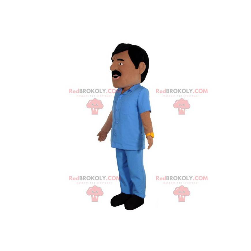Mascot tanned mustached man dressed in a blue outfit -