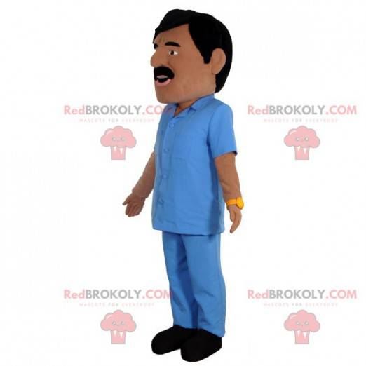 Mascot tanned mustached man dressed in a blue outfit -