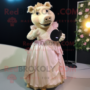 Cream Wild Boar mascot costume character dressed with a Ball Gown and Clutch bags