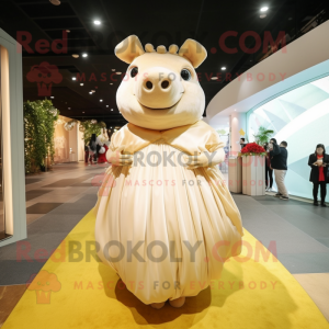 Cream Wild Boar mascot costume character dressed with a Ball Gown and Clutch bags