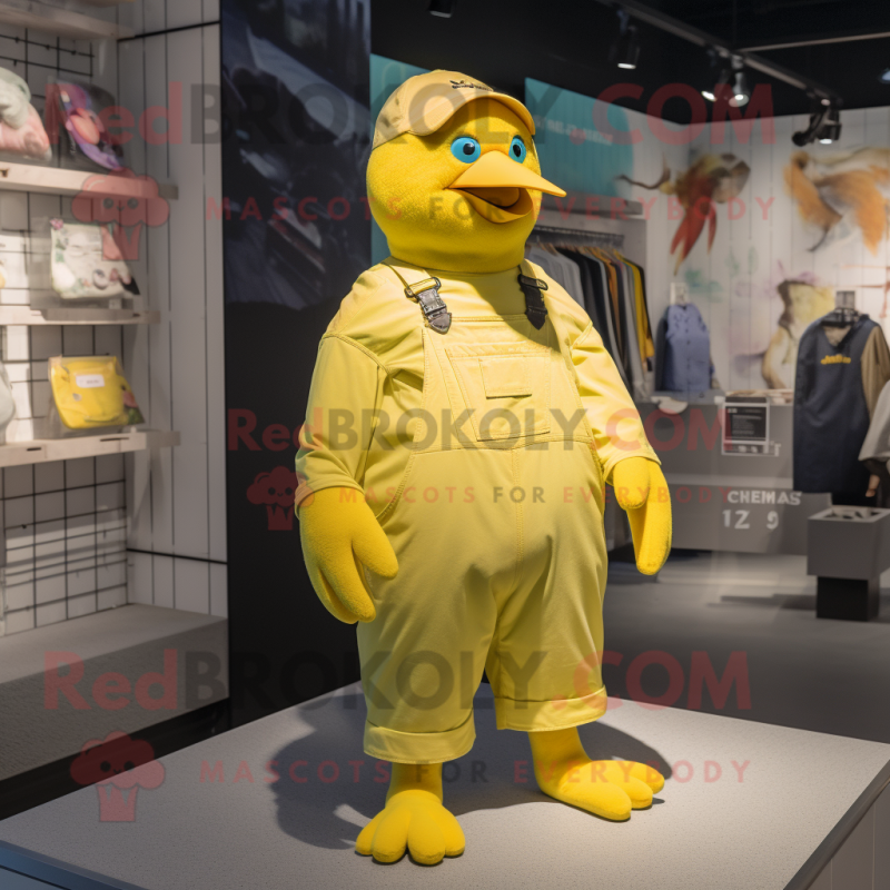 Yellow Pigeon mascot costume character dressed with a Dungarees and Gloves