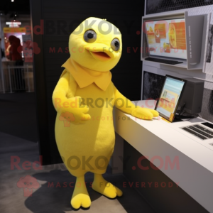 Yellow Pigeon mascot costume character dressed with a Dungarees and Gloves