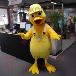 Yellow Pigeon mascot costume character dressed with a Dungarees and Gloves