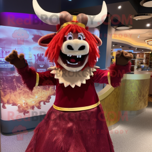 Maroon Yak mascot costume character dressed with a Evening Gown and Headbands