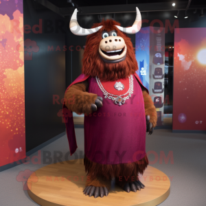 Maroon Yak mascot costume character dressed with a Evening Gown and Headbands