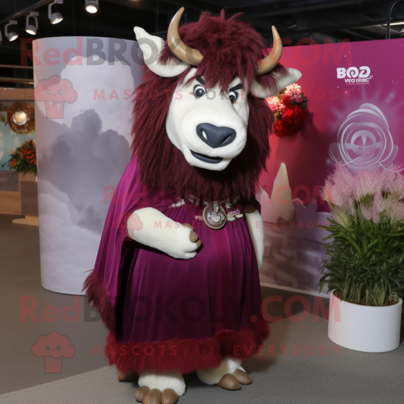 Maroon Yak mascot costume character dressed with a Evening Gown and Headbands Maroon Yak mascot costume character dressed with a Evening Gown and Headbands