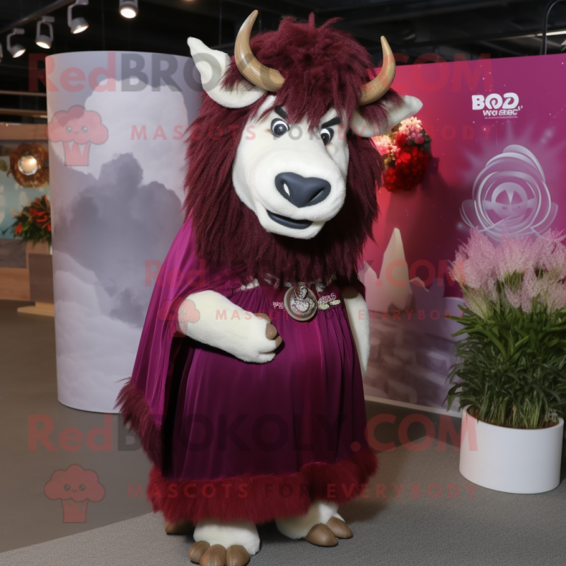 Maroon Yak mascot costume character dressed with a Evening Gown and Headbands