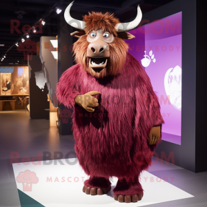 Maroon Yak mascot costume character dressed with a Evening Gown and Headbands