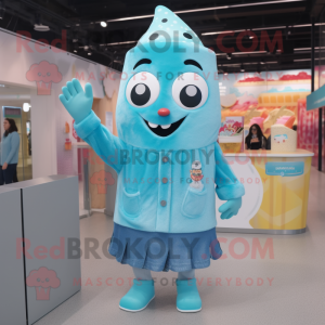 Turquoise Ice Cream mascot costume character dressed with a Jeans and Earrings